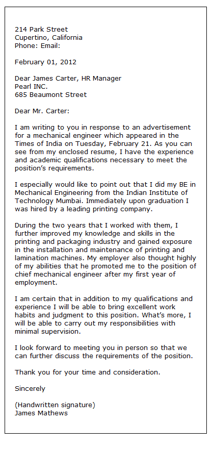 Formal letter for job application examples