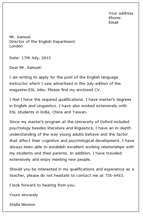 Sample of letter of application for a job