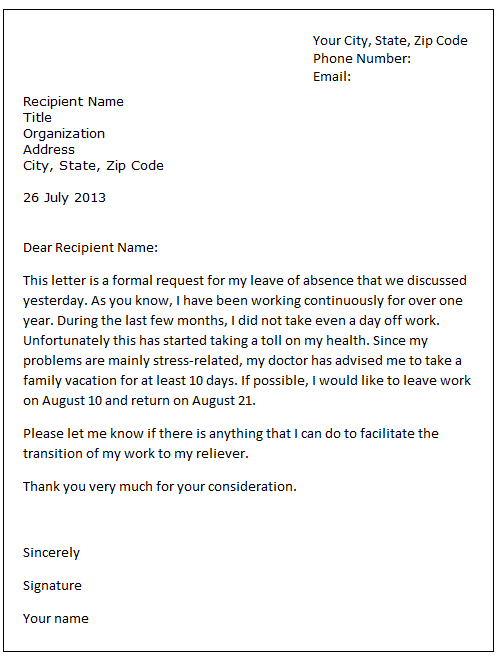 Application letter for leave of absence due to illness